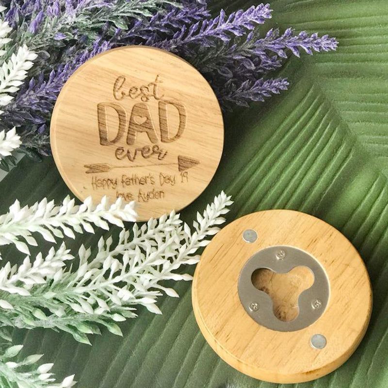 Personalised Engraved Best Dad Ever Magnetic Round Wooden Bottle Opener
