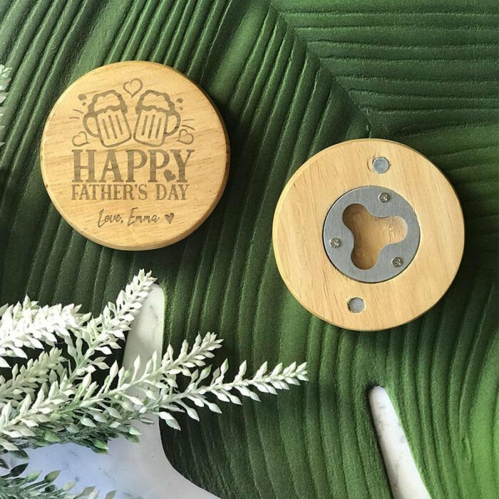 Personalised Engraved Best Dad Ever Magnetic Round Wooden Bottle Opener