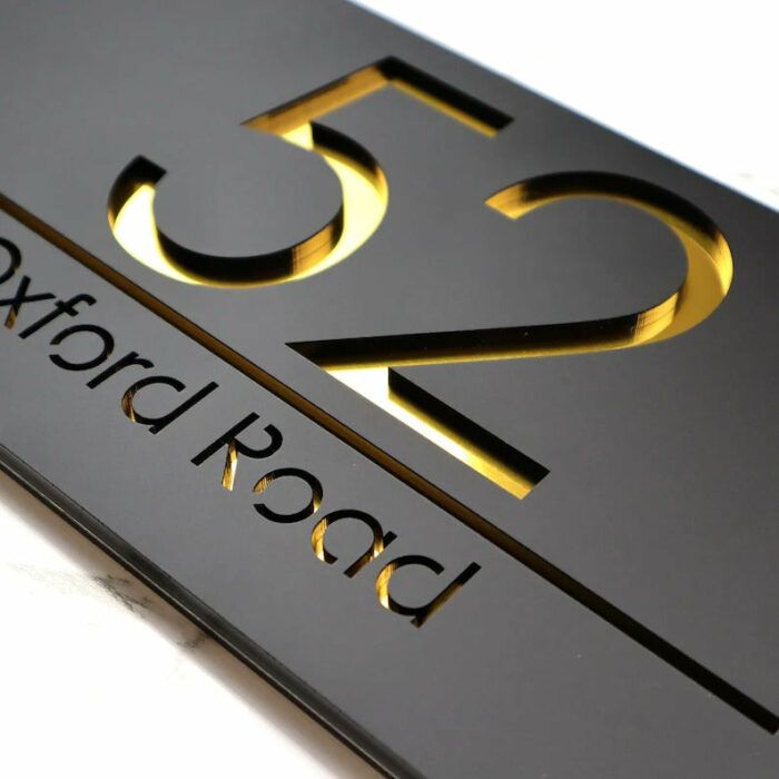 Laser Cut Matt Black & Gold Mirror Floating House Sign Door Address Laser Number Plaques