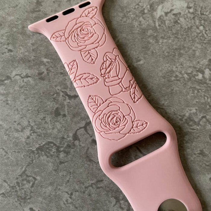 Apple Watch Silicone Sports Band  Strap - Custom Engraved Rose Flowers Leaf Print Design
