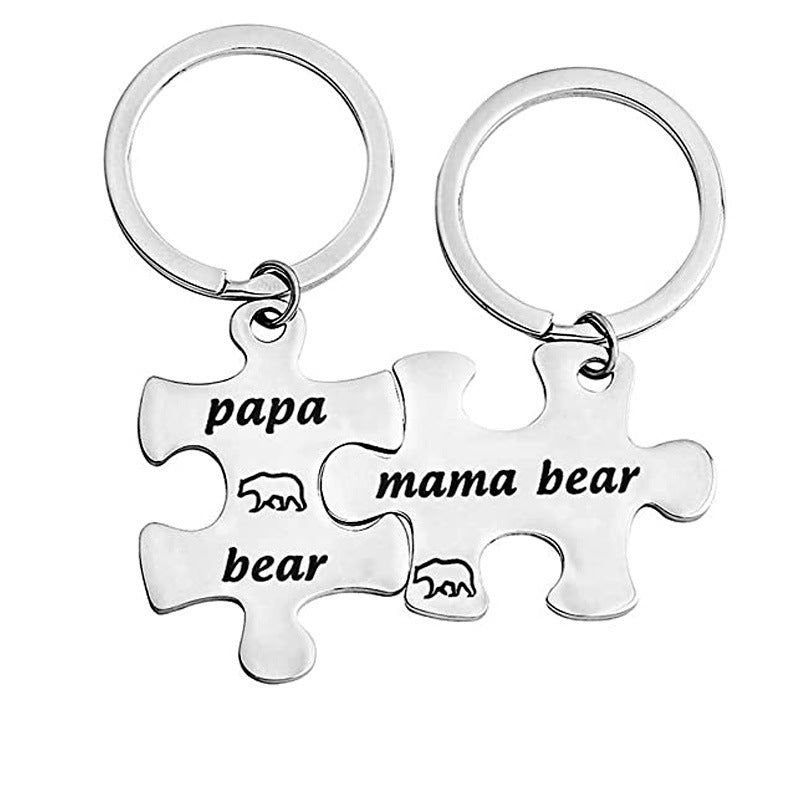 Puzzle Stainless Steel mama/papa bear couple keychain