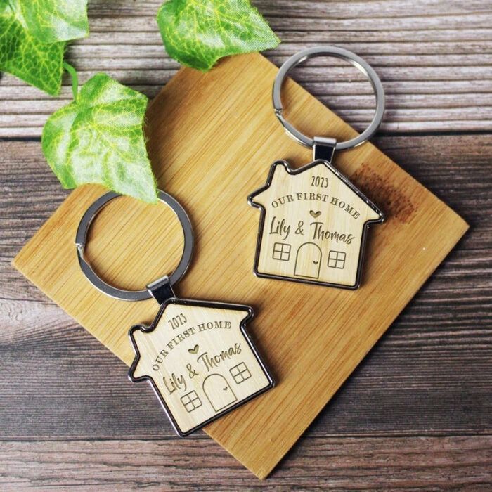 Our First Home Couples Keyring, Personalised House Warming Key Chain