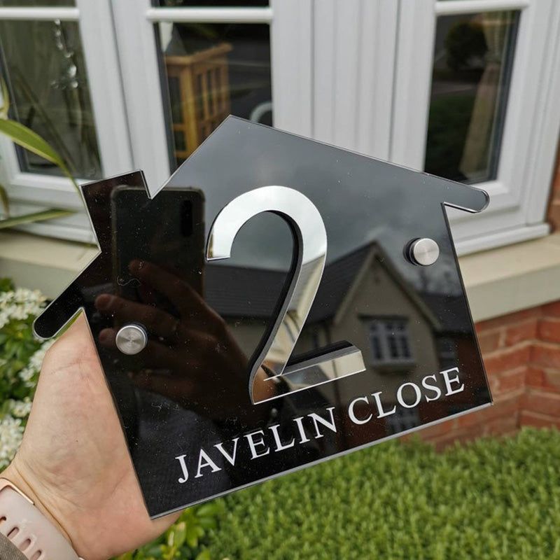 House Shaped Door Sign, Personalised Family House Sign, Number Acrylic House Sign, Mirrored House Signs