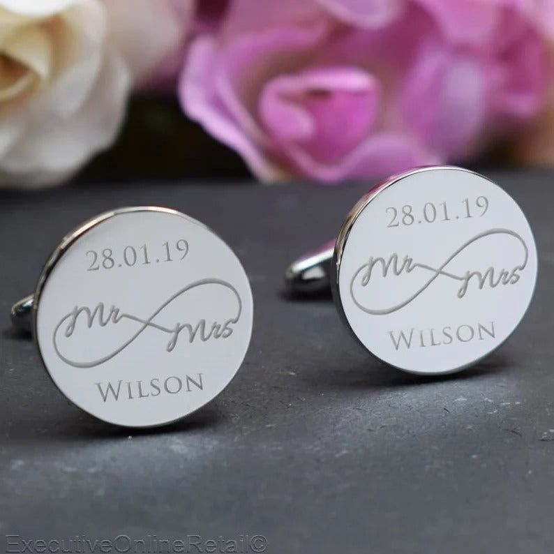Silver Personalised Engraved ROUND Cufflinks Wedding Gift, Mr & Mrs, Infinity