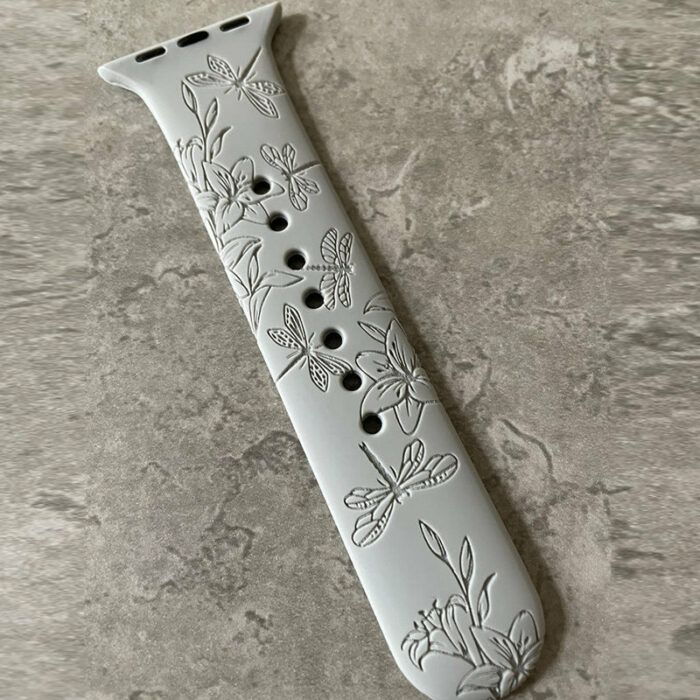 Apple Watch Silicone Sports Band  Strap - Custom Engraved Henna Lilies and Dragonflies Design