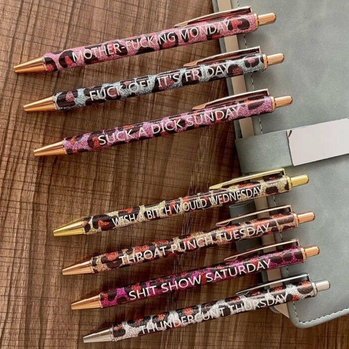 Offensive Pen Set 7, Funny Daily Pens, Gold Leopard Print Glitter Pens Office Supplies