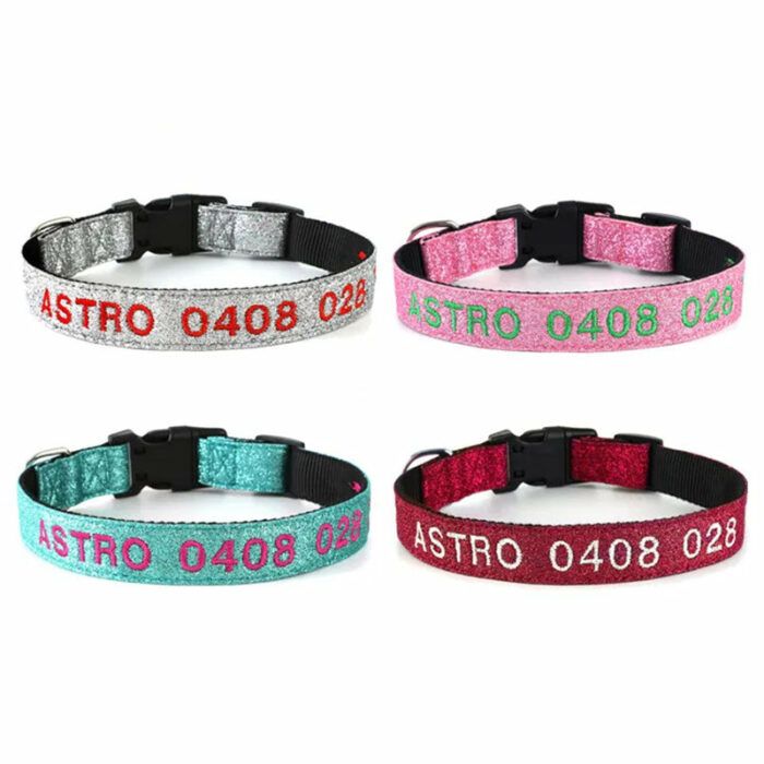 Bright Embroidered Personalised Dog Collar. Custom Name & Number On Comfortable Nylon Dog Collar Pet ID