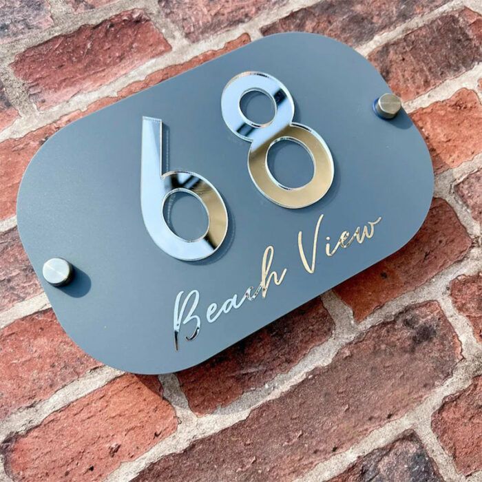 House Number Sign, Square edge personalised standoff plaque, mirror door number