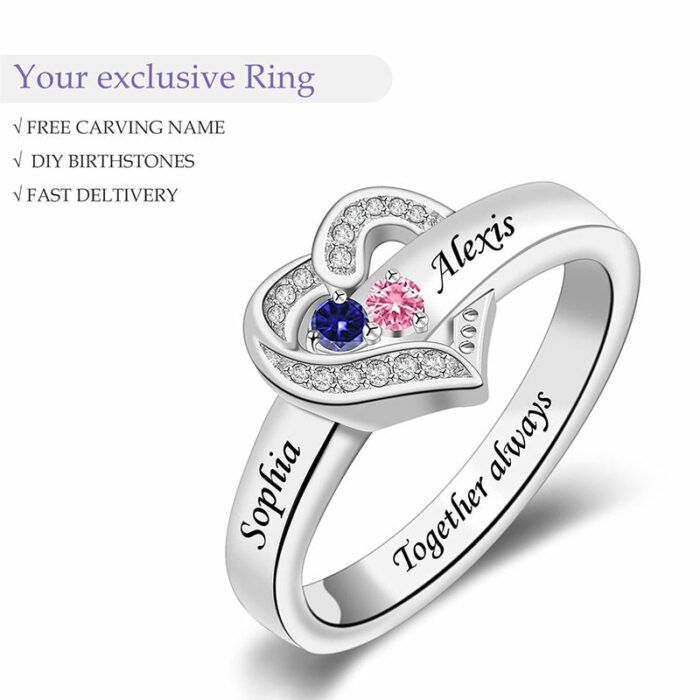 Engraved Heart Birthstone Ring Birthstone Ring with Kids' Names Customized 1-8 Names Ring