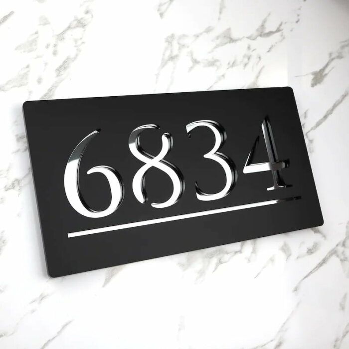 Laser Cut Matt Black & Silver Mirror Floating House Number Sign Door Address Laser Numbers
