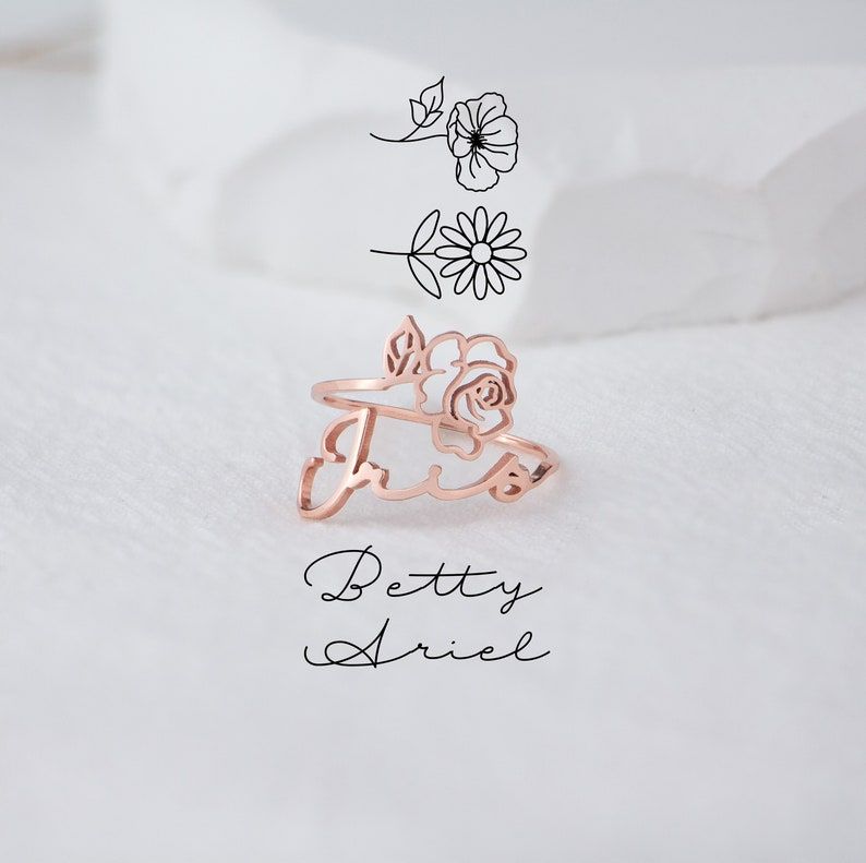 Birth Flower Name Ring in Gold / Silver / Rose Gold, Dainty Handmade Personalized Custom Ring