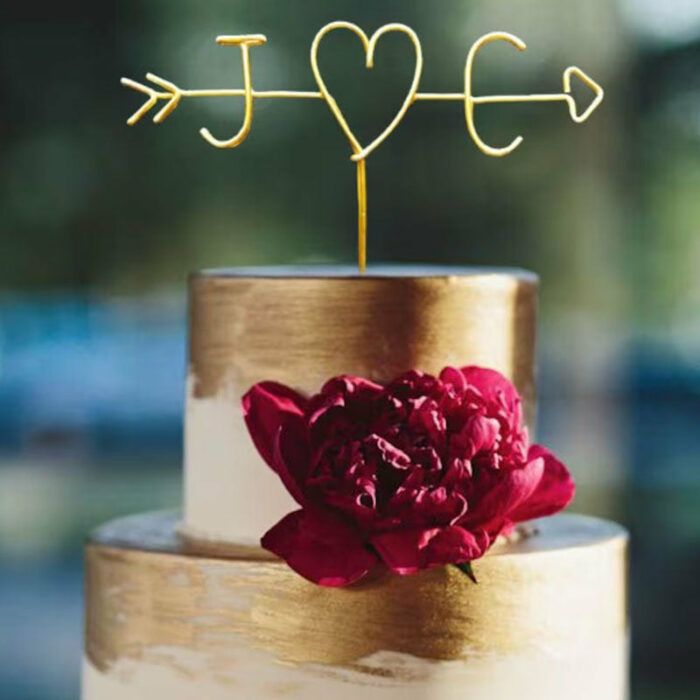 Arrow Initials Cake Topper Rustic Wire Personalized Custom Chic Name Wedding Heart Reusable Metal Industrial Copper Gold Elegant Simple