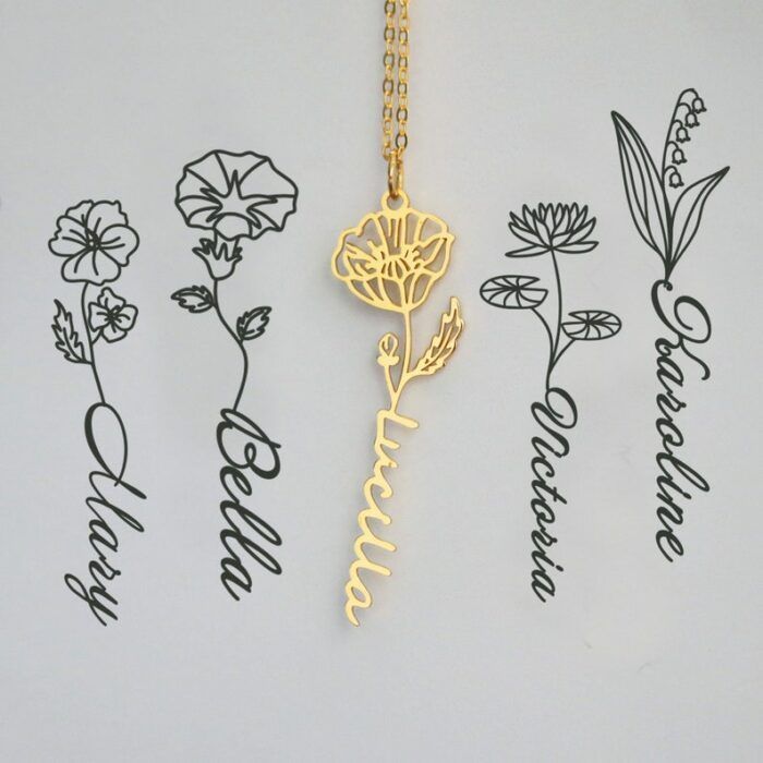 Name Necklace with Birth Flower, Personalized Name Necklace, Custom Gold Name Jewelry
