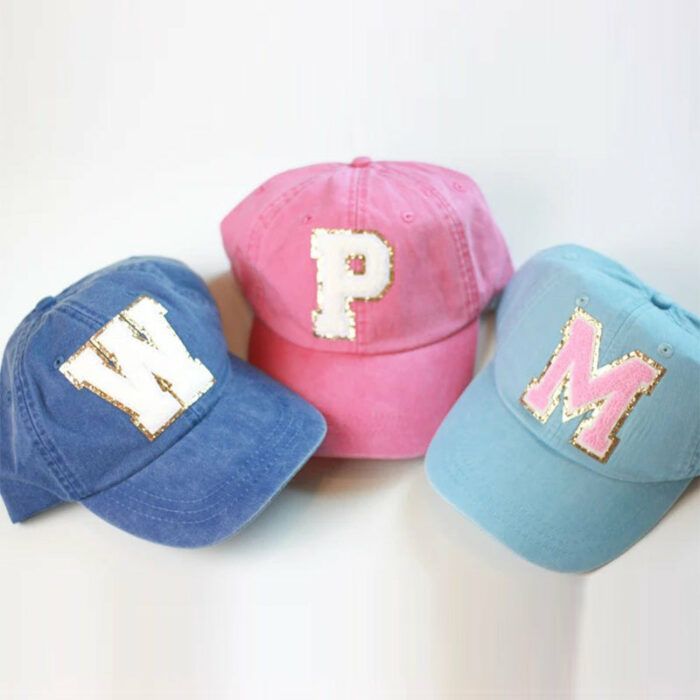 Vintage Chenille Varsity Letter Patch Hat - Personalized Women's Ball Cap - Pigment Dyed Team Color Hat