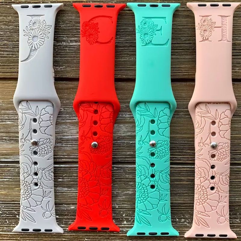 Monogram initials/Flower Print Engraved Watch Band Compatible Apple Watch band