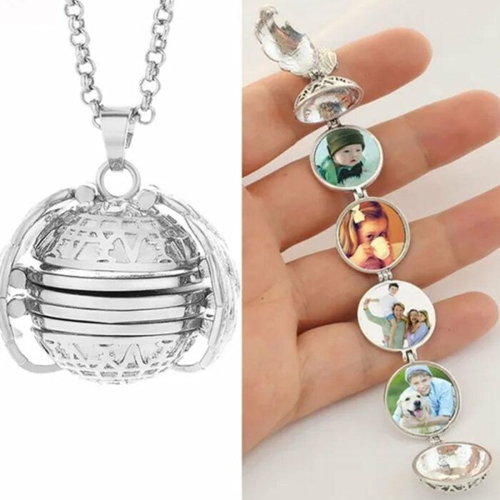 Personalization Photo Pendant,Vintage Style Picture Frame Locket Pendant, Angel Wing Four Fold Round Ball Photo Locket Charm