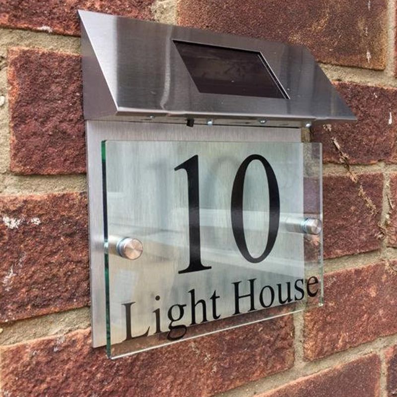 Modern House Sign plaque door number street glass led solar light