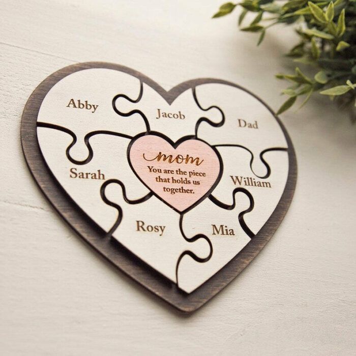 Personalized Heart Puzzle Piece Sign,Custom Family Wooden Heart Puzzle,Engraved Name Puzzle