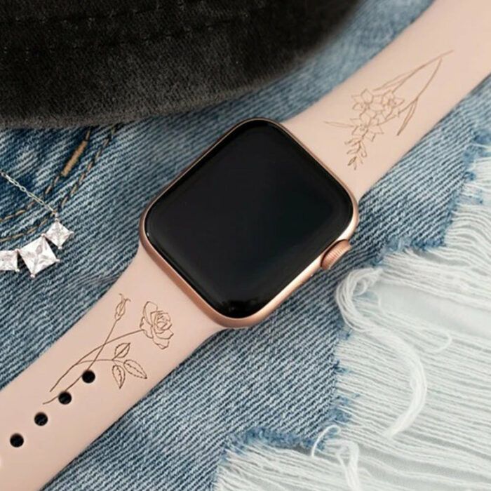 Birth Flower Gift For Her, Custom Women's Watch Band, Personalized Engraved Watch Strap Compatible with Apple Watch