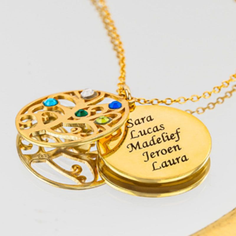 Personalized Necklace Tree of Life and Birthstone - Round Name Necklace Plate with Engraved 6 Stones Best Gift for Mother Grandma