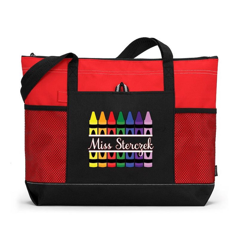Teacher Crayons Personalized Tote Bag with Mesh Pockets