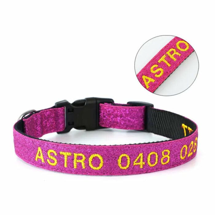 Bright Embroidered Personalised Dog Collar. Custom Name & Number On Comfortable Nylon Dog Collar Pet ID
