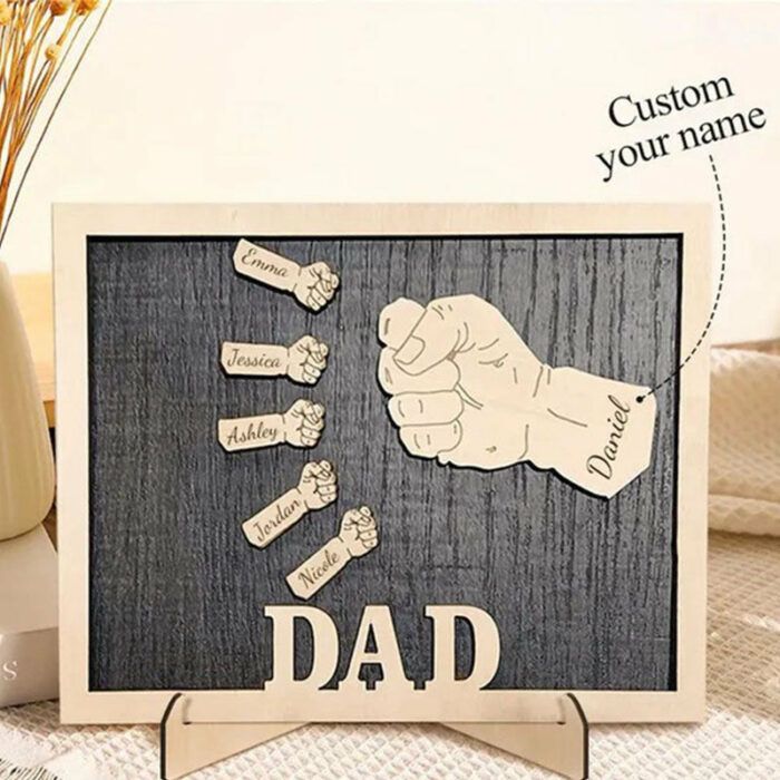 Personalized Fist Father's Day,Name Wood Plaque Decorative Sign with Kids Name