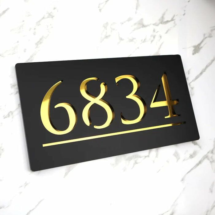 Laser Cut Matt Black & Gold Mirror Floating House Sign Door Address Laser Number Plaques