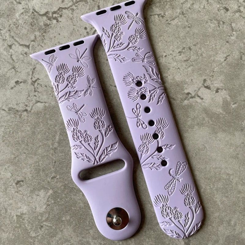 Apple Watch Silicone Sports Band / Strap - Engraved Henna Thistles and Dragonflies Design