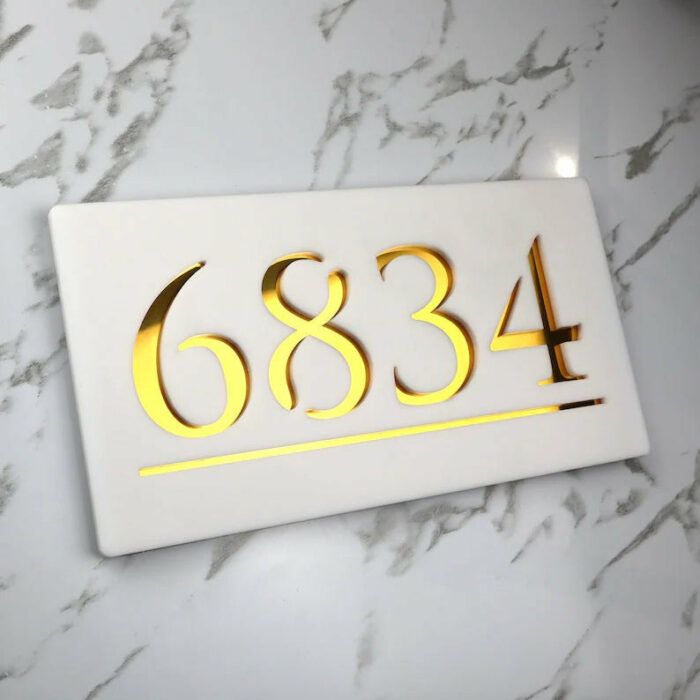 Laser Cut Matt White & Gold Mirror Floating House Number Signs Door Address
