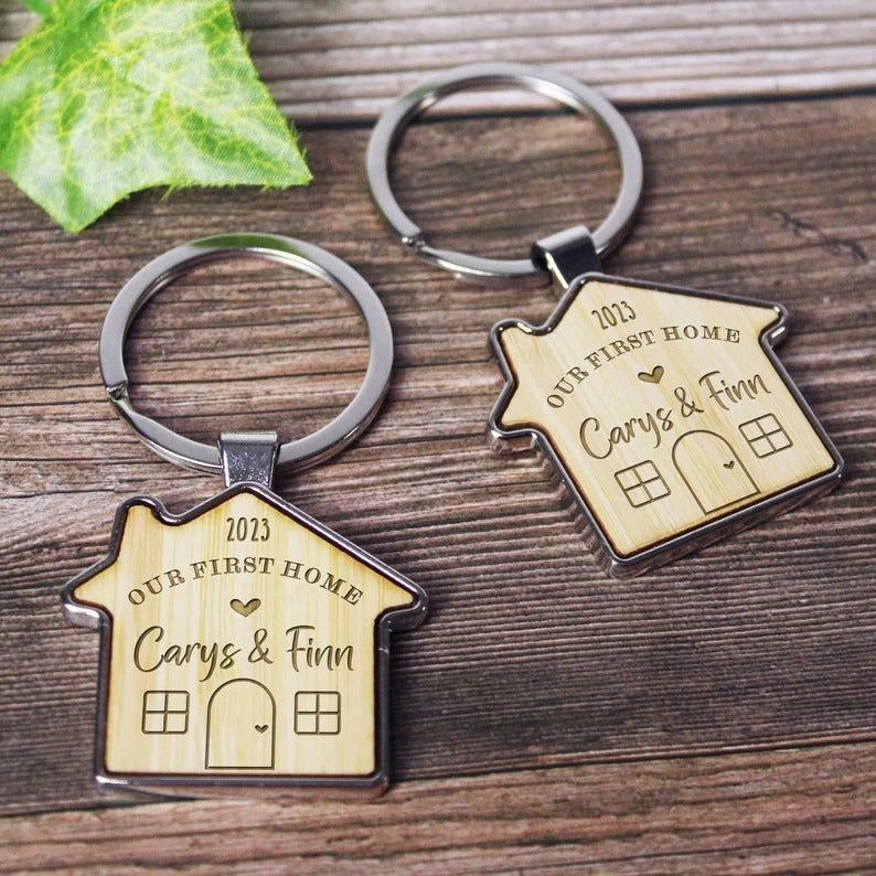 Our First Home Couples Keyring, Personalised House Warming Key Chain
