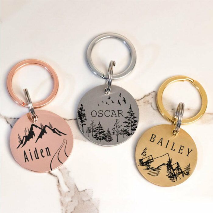 Engraved Dog Tag Forest Tree, Hand Stamped Mix Metal ID Tag, Handcrafted Personalized Pet Name Collar ID Tag,  Happy Paws