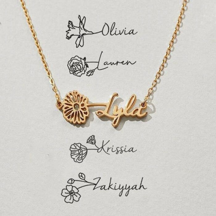 Custom Name Necklace with Birth Flower,Dainty Personalized Minimalist Jewelry,Pendant Necklace for Women