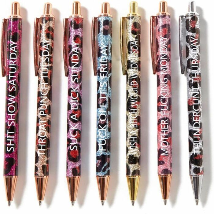 Offensive Pen Set 7, Funny Daily Pens, Gold Leopard Print Glitter Pens Office Supplies