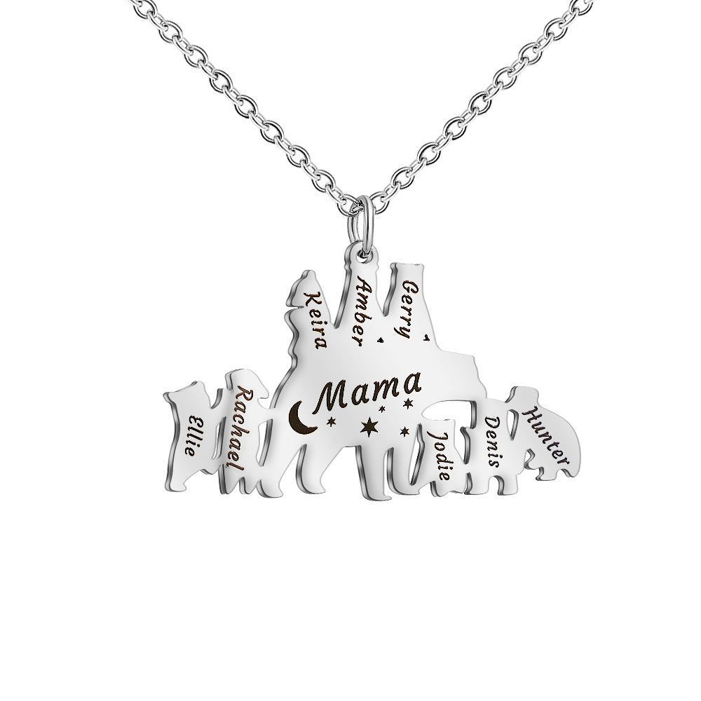 Mama Bear and Four Baby Cubs Silver Name Bar Necklace | Eve's Addiction