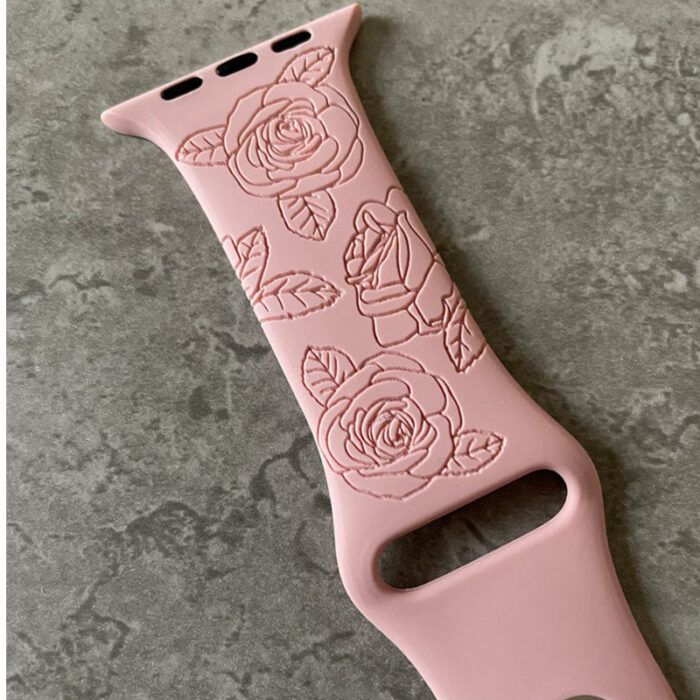 Apple Watch Silicone Sports Band Strap - Custom Engraved Rose Flowers Leaf Print