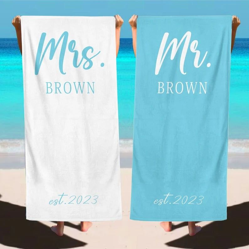 Custom Mr & Mrs Beach Towel,Honeymoon Travel,Personalized Bride Groom Beach Towel