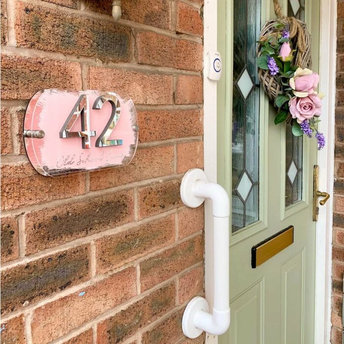 House Sign, mirror door number plaque, Personalised with Cream paint.