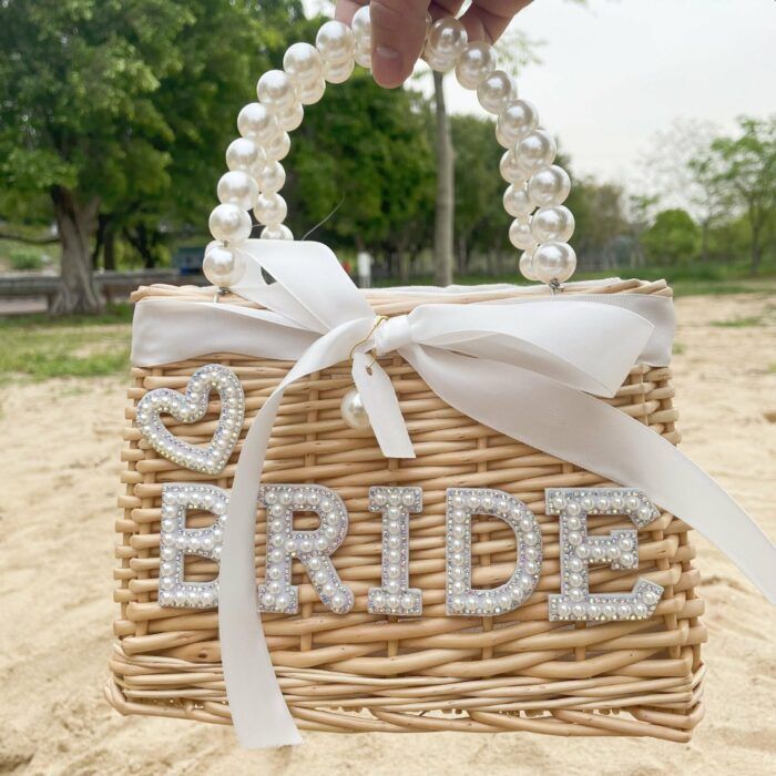 Bride Custom Beach Bag with Pearls and Bow, Personalized Straw Bag, Bridal Shower Bag