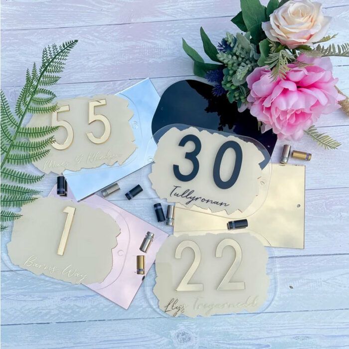 House Sign, mirror door number plaque, Personalised with Cream paint.