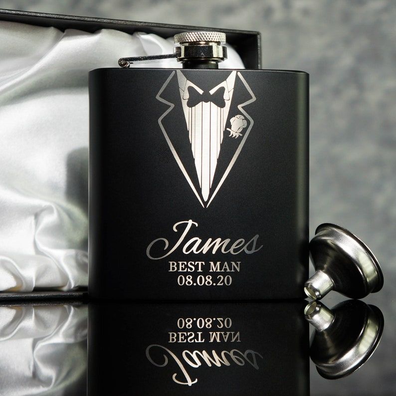 Tuxedo Groomsmen Best Man Usher Groom Gift Personalised Matte Black 8oz Hip Flask
