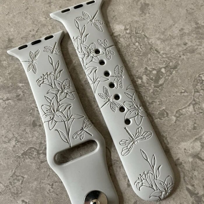 Apple Watch Silicone Sports Band  Strap - Custom Engraved Henna Lilies and Dragonflies Design
