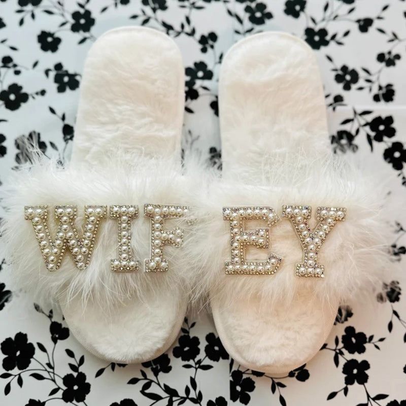 Feather Bride Slippers| I Do Slippeers|Customized Slippers|Peal Rhinestone Slippers