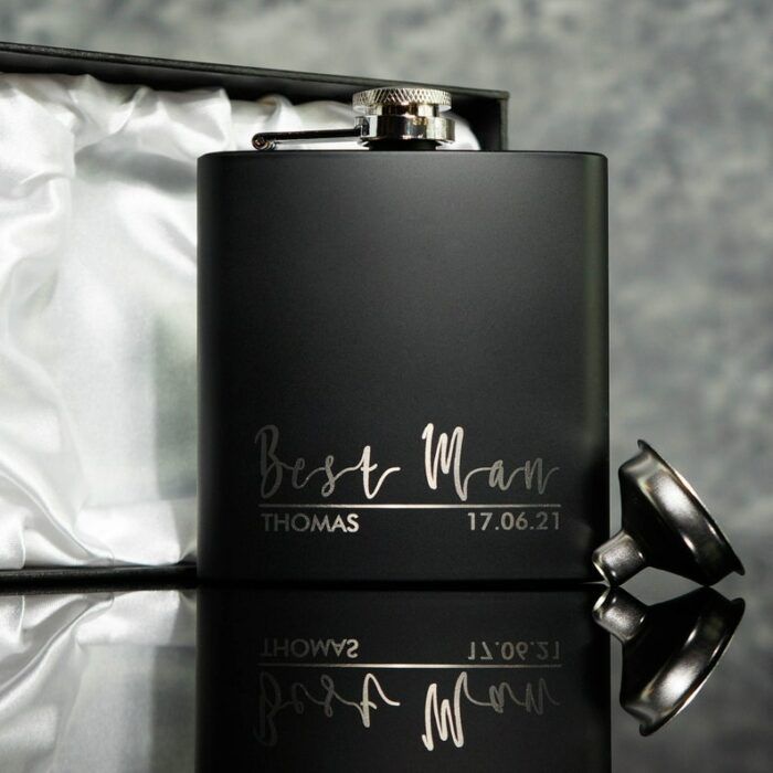 Groomsmen Best Man Usher Groom Gift Personalised Matte Black 8oz Hip Flask