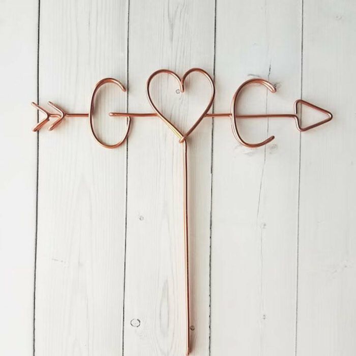 Arrow Initials Cake Topper Rustic Wire Personalized Custom Chic Name Wedding Heart Reusable Metal Industrial Copper Gold Elegant Simple