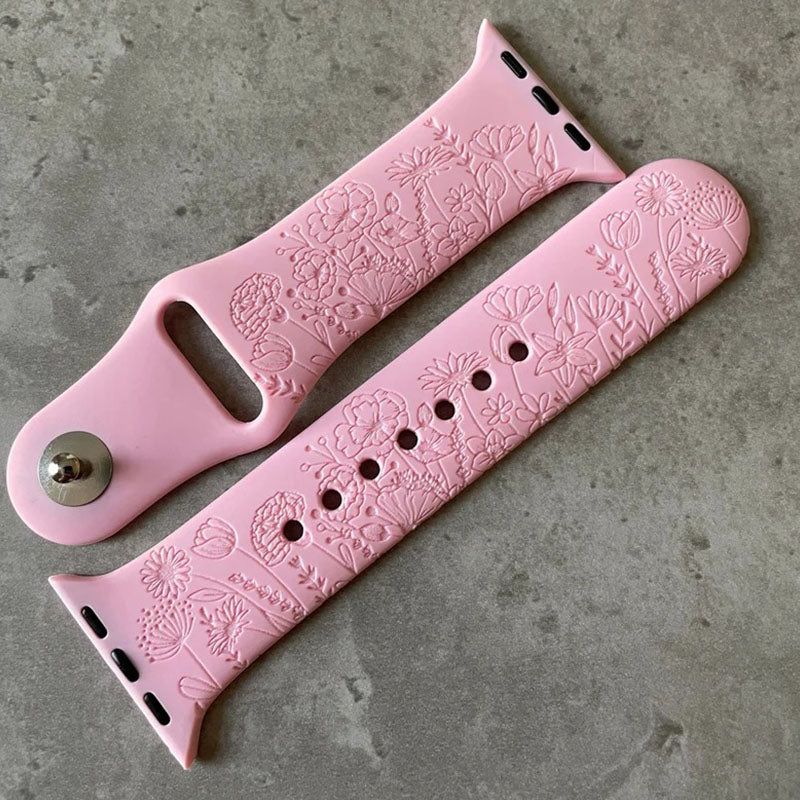 Apple Watch Silicone Sports Band / Strap - Engraved Wild Flowers Design