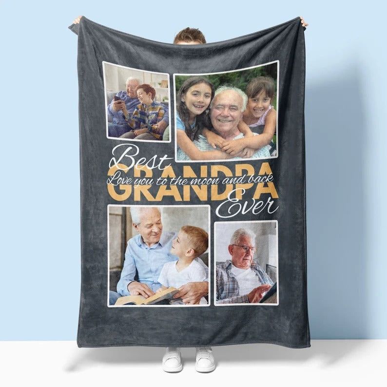 Personalized Photo Blanket, Best Grandpa Ever, Gift for Grandfather, Grandpa Birthday Or Christmas Present Ideas From Grandchildren
