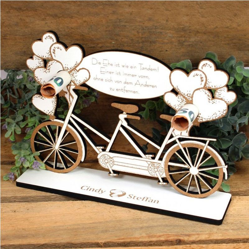 Money gift wedding tandem with heart balloons - including names