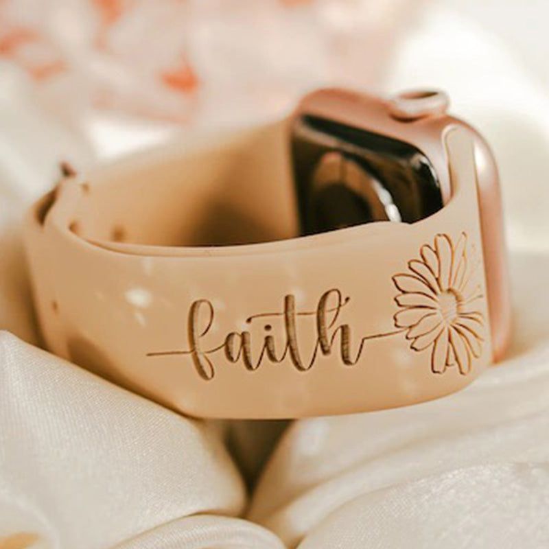 Faith Sunflower Engraved Watch Strap Compatible with Apple Watch, Faith Watch Band, Women's Watch Band