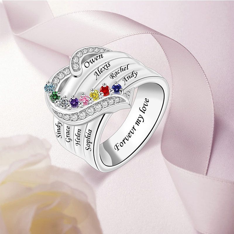 Engraved Heart Birthstone Ring Birthstone Ring with Kids' Names Customized 1-8 Names Ring